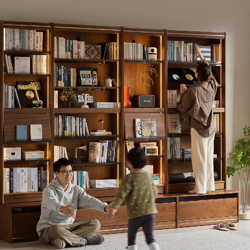 山美九都和序实木满墙书柜一体整墙客厅黑胡桃木落地卡座组合柜