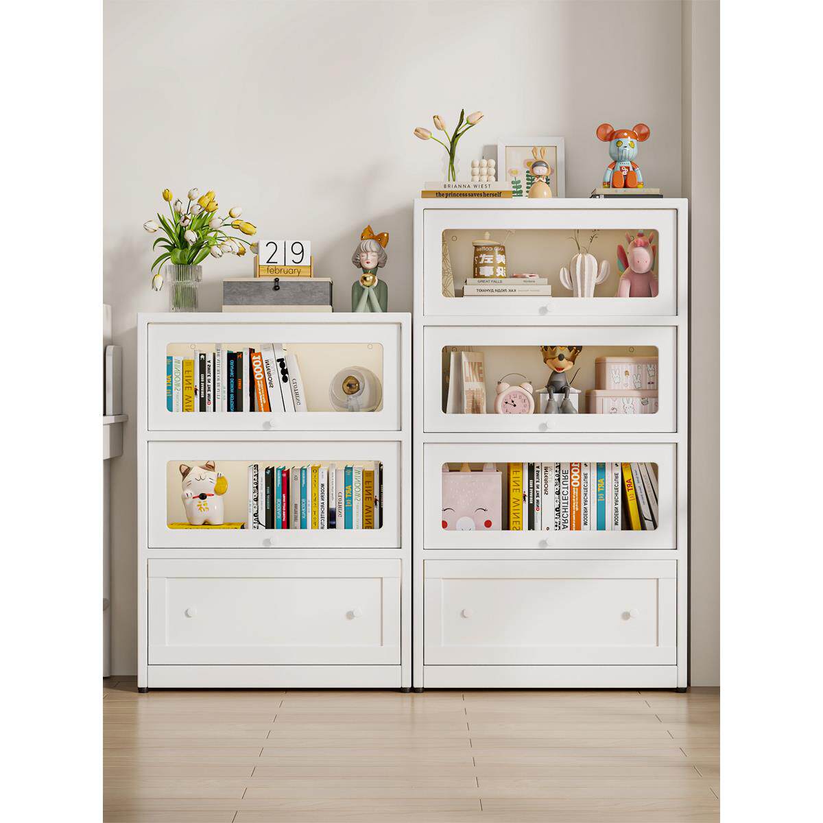 润虎家用钢制书柜带玻璃门防尘书架客厅带斗柜卧室落地铁艺收纳柜