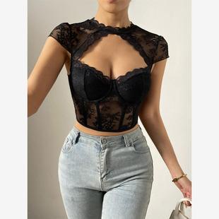 hollow sexy open navel top钢圈鱼骨露脐上衣 Women short
