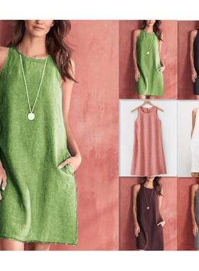 Cotton linen crew neck tank top dress 棉麻圆领无袖背心连衣裙