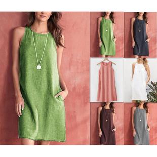 Cotton linen crew neck tank top dress 棉麻圆领无袖背心连衣裙