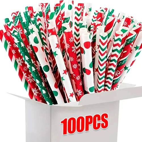 25-100Pcs Christmas Kraft Paper Straw Colorful Print Disposa