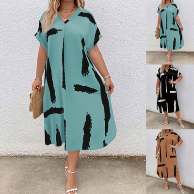 Summer Loose women dresses ladies shirt dress宽松V领连衣长裙