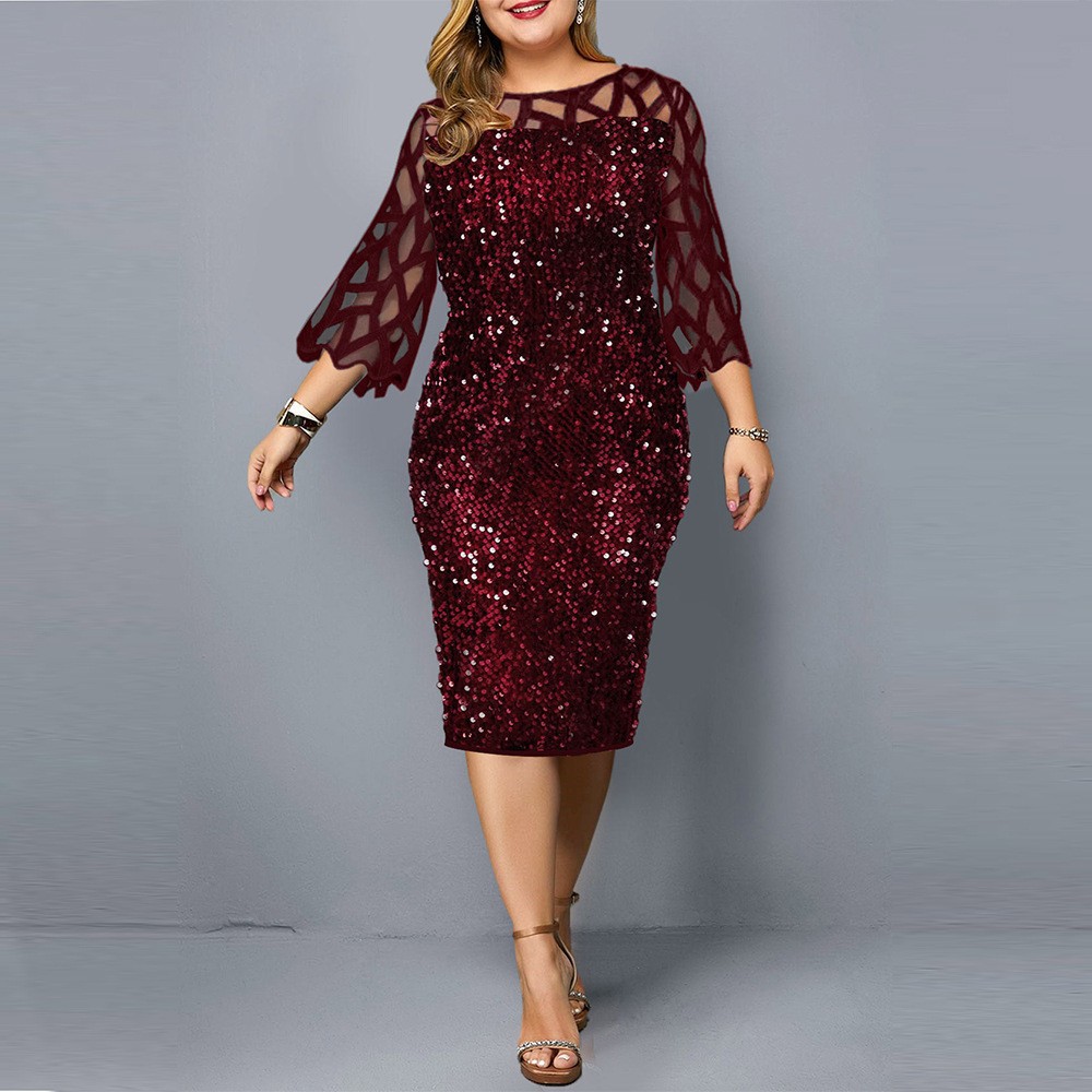 春季亮片大码显瘦连衣裙 Fat Lady Pencil sequins Dress Party