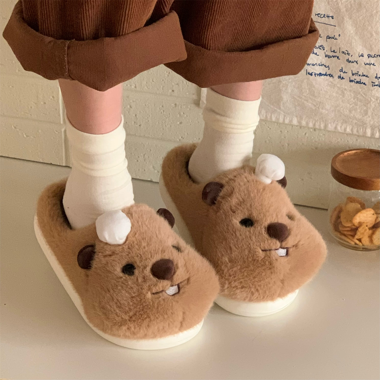 厨师帽土拨鼠棉拖鞋男女ins可爱