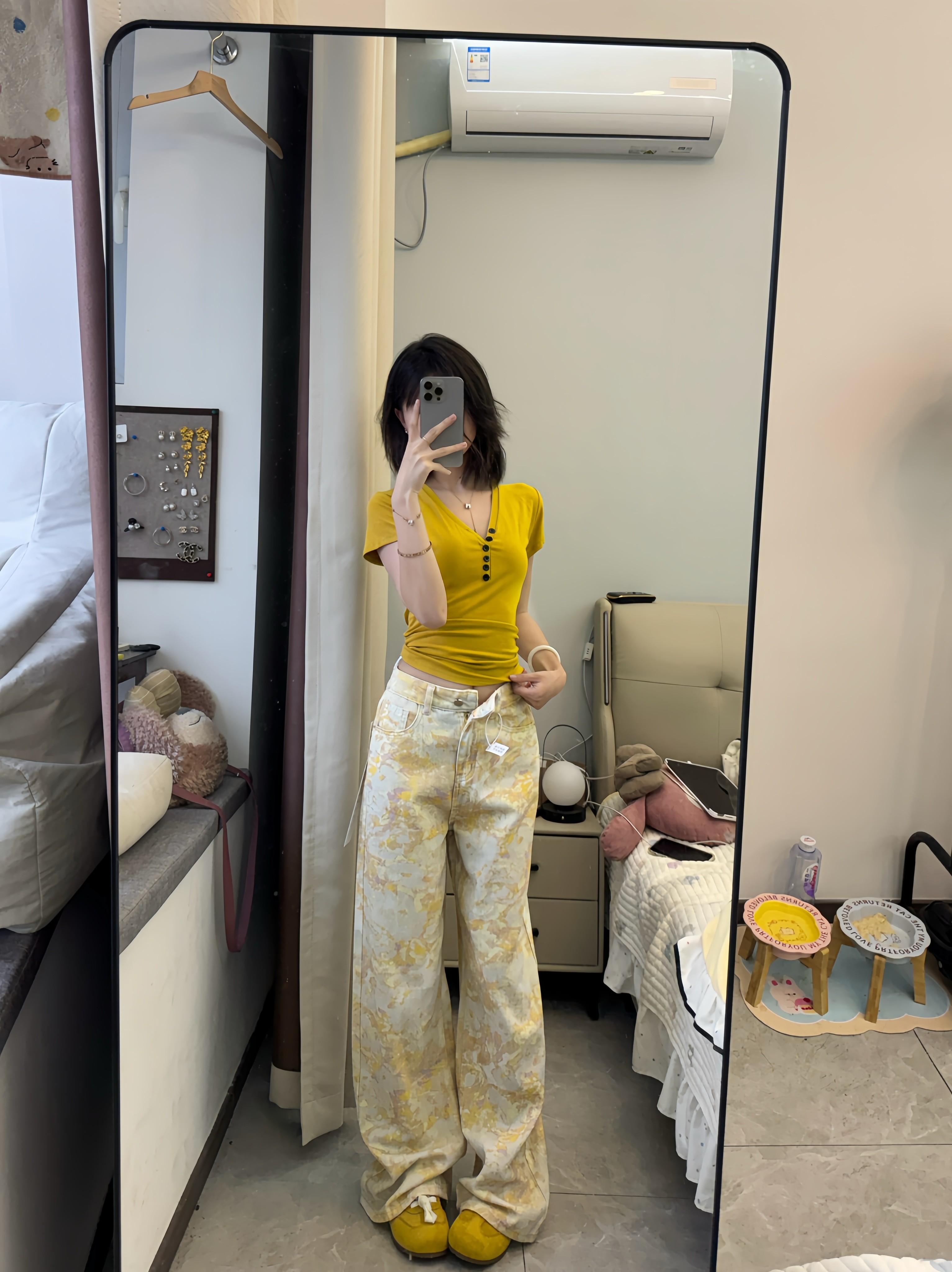 黄色扎染设计感直筒牛仔裤女晕染牛仔裤