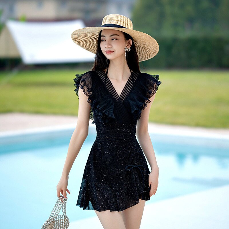 2026新款汐歌儿泳衣女夏季荷叶边无袖连体裙式游泳衣女钢托聚拢泳