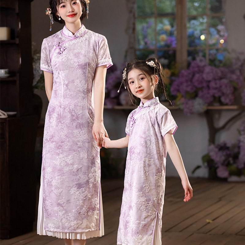 2026新款女大童紫色新中式旗袍高级改良亲子母女装复古连衣裙