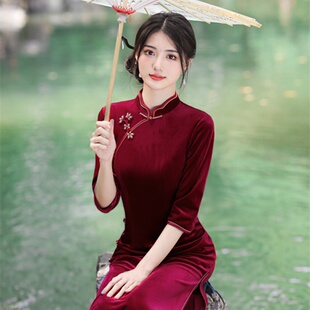 长款 改良中袖 复古上海黑色气质年轻女妈 纯色旗袍秋季 2026新款