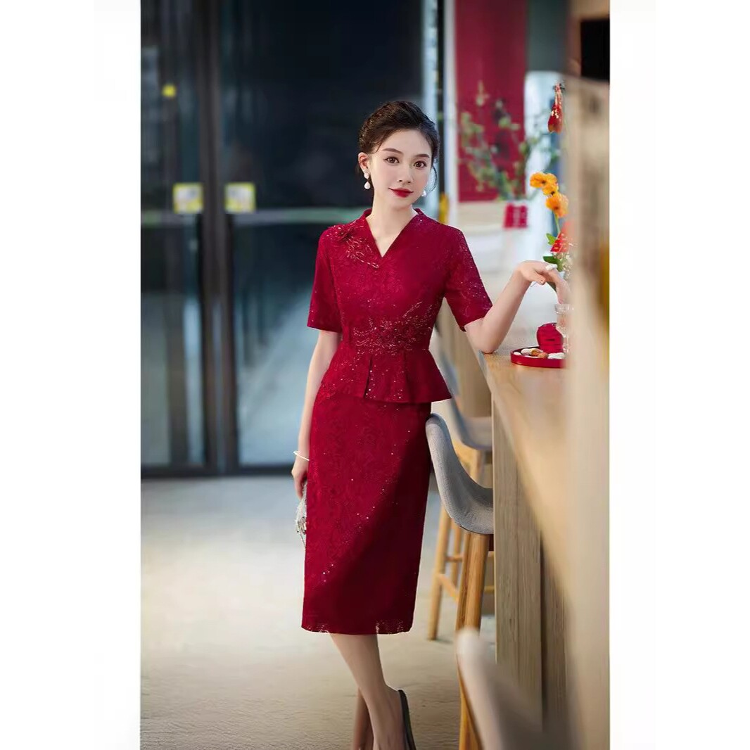 2026新款高级感妈妈婚礼礼服喜婆婆旗袍婚宴装大码红色结婚喜服高