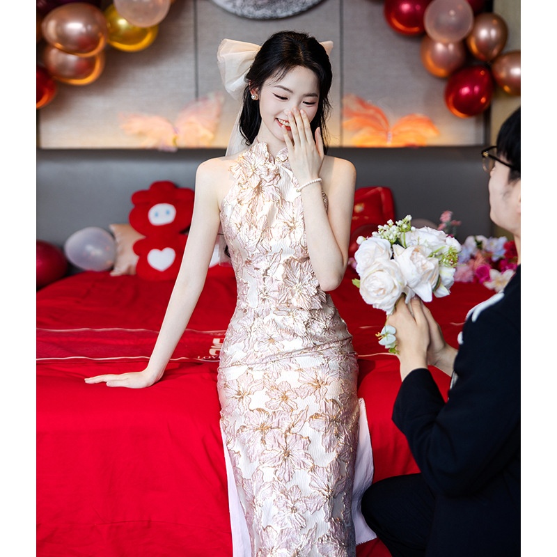 2025新款粉色订婚旗袍敬酒服新娘新中式结婚礼服女婚礼晨袍高