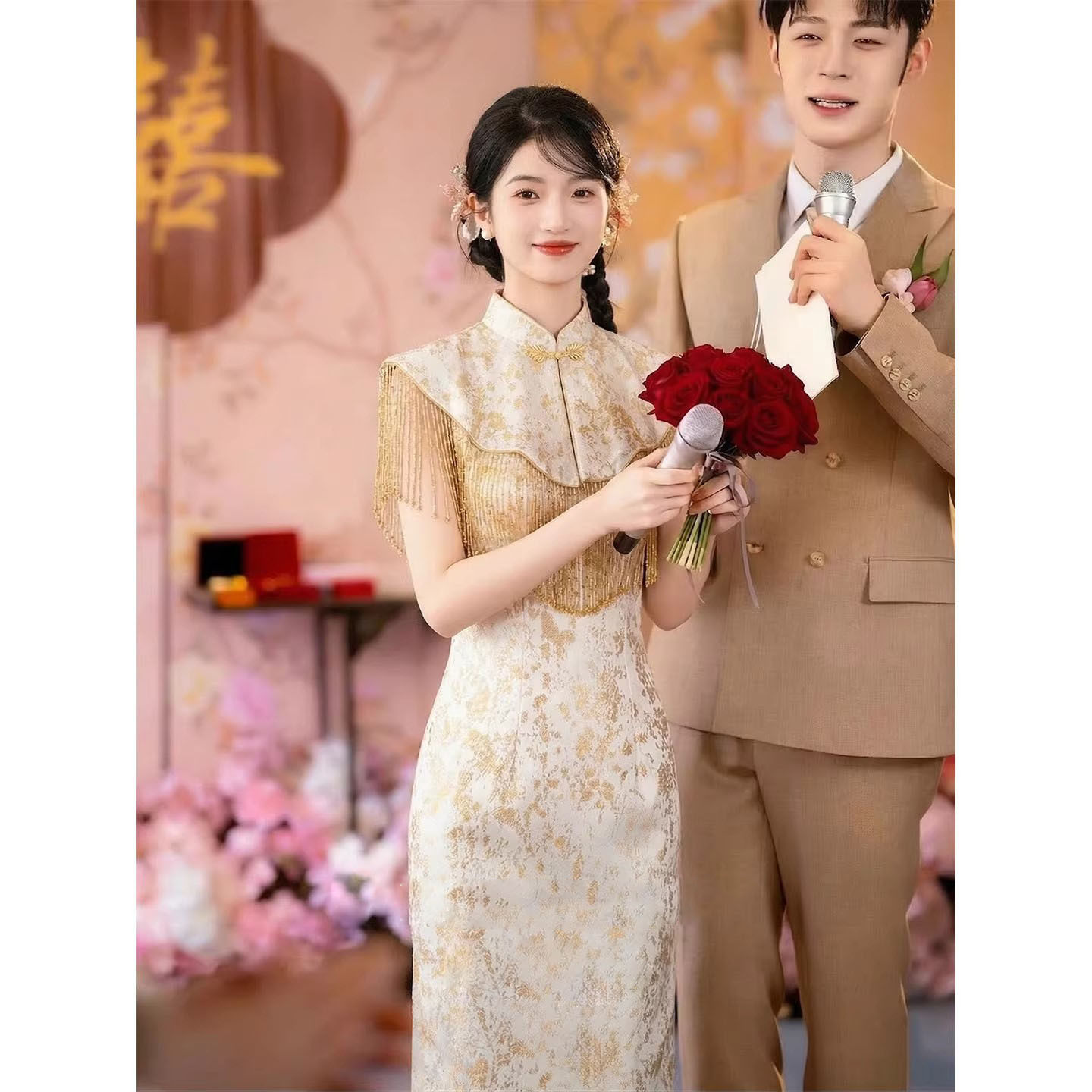 2026新款新中式敬酒服新娘香槟色国风旗袍改良订婚礼服晨袍连衣裙