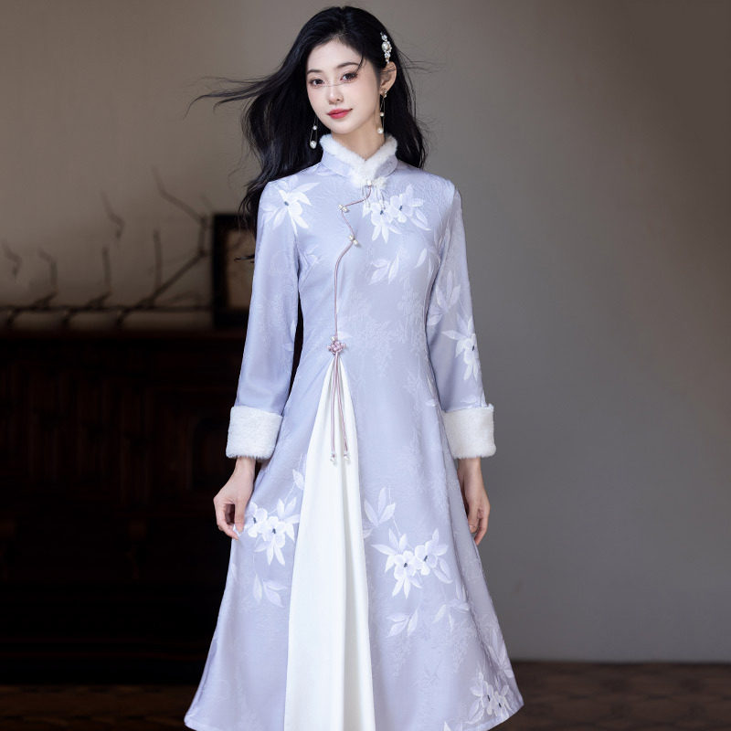 2026新款显瘦紫色奥黛国风长袖改良旗袍季厚款女新中式秋高品质
