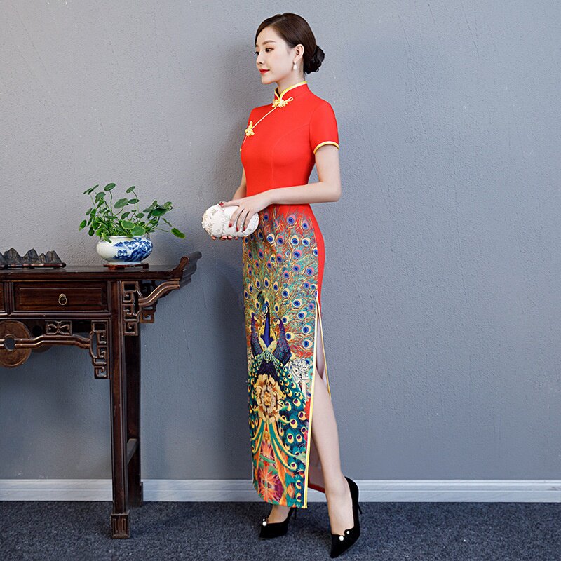 2026新款长款旗袍修身走秀礼仪演出大码红色中国风礼服长袖复