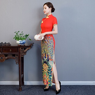 红色中国风礼服长袖 2026新款 走秀礼仪演出大码 旗袍修身 复 长款