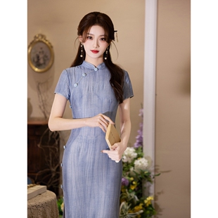 小香风高级感复古气质改 蓝色旗袍女中国风法式 2026新款 新中式