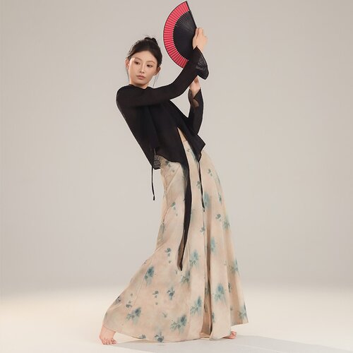 2026新款古典舞蹈服女天丝亚麻V领交叉绑带飘逸长袖黑色上衣宽松