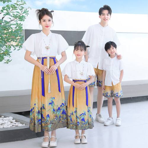 2026新款亲子装一家三四口母女马面裙汉服套装父子上衣短