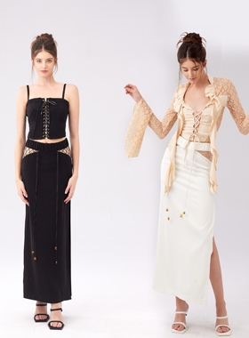 vowow霹雳娇娃拼接镂空修身款高腰直筒侧开衩半身长裙套装