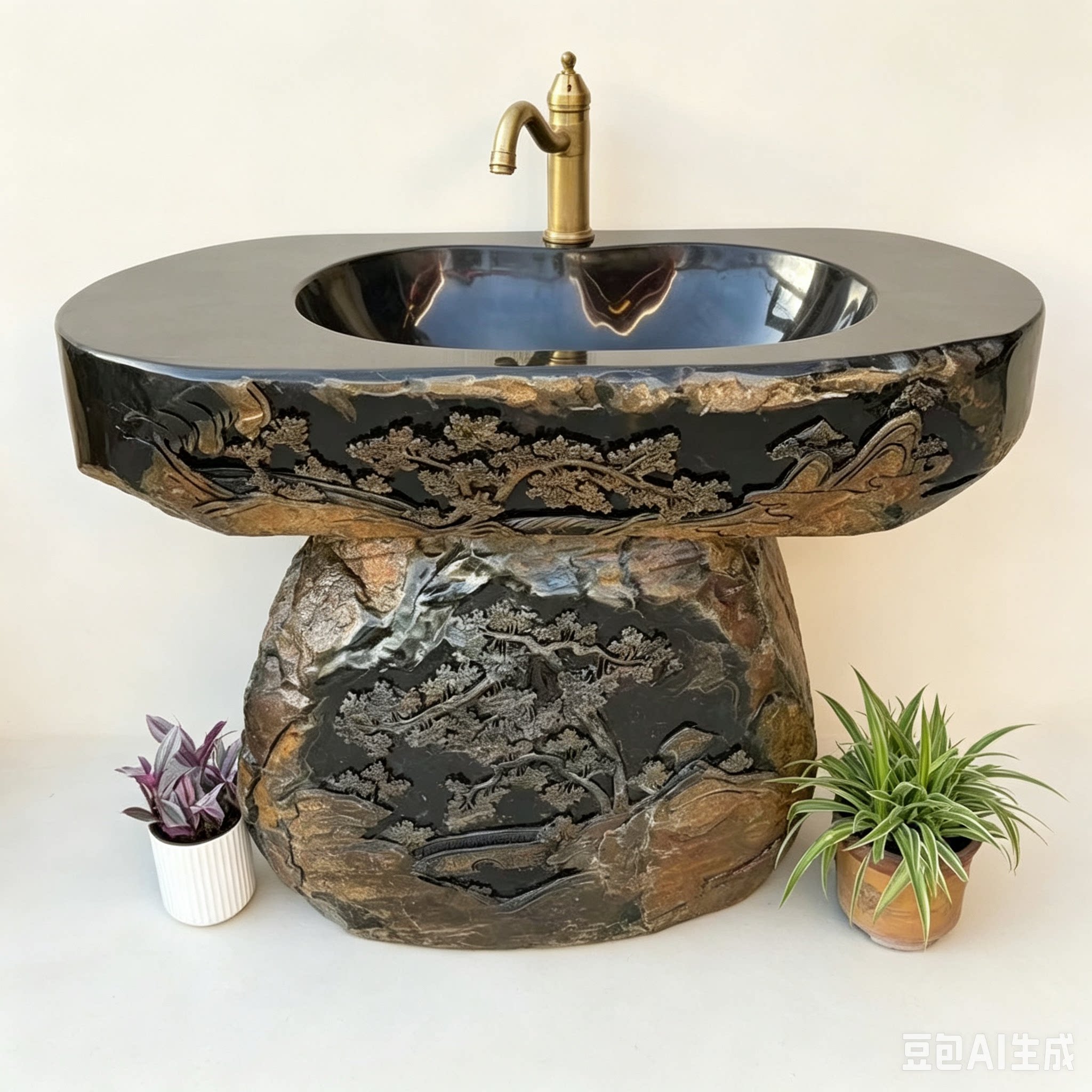 精品中式复古端砚石雕立柱盆庭院花园洗衣池中式艺术石材洗手盆槽