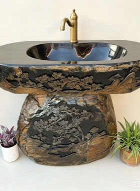 精品中式复古端砚石雕立柱盆庭院花园洗衣池中式艺术石材洗手盆槽