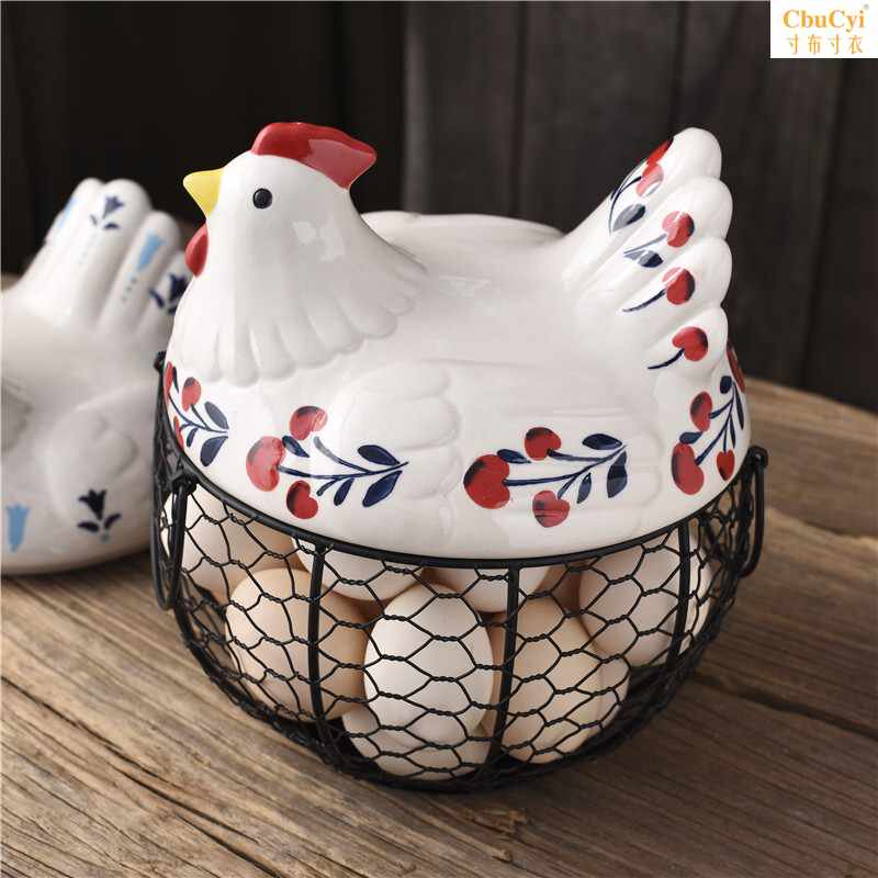 现货创意家居厨房用陶瓷釉下母鸡铁艺网格收纳篮子果蔬鸡蛋储物篮在类目 餐饮具, 餐具, 果盆/果盘/果篮中 - 来自Buy2taobao.com提供专业的淘宝代购服务