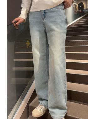 时尚蓝色百搭显瘦设计感小众直筒加绒长款牛仔裤 36781