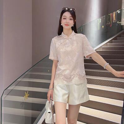 《晶晶定制》夏季立体浮雕新中式百搭刺绣立领气质女短袖0104