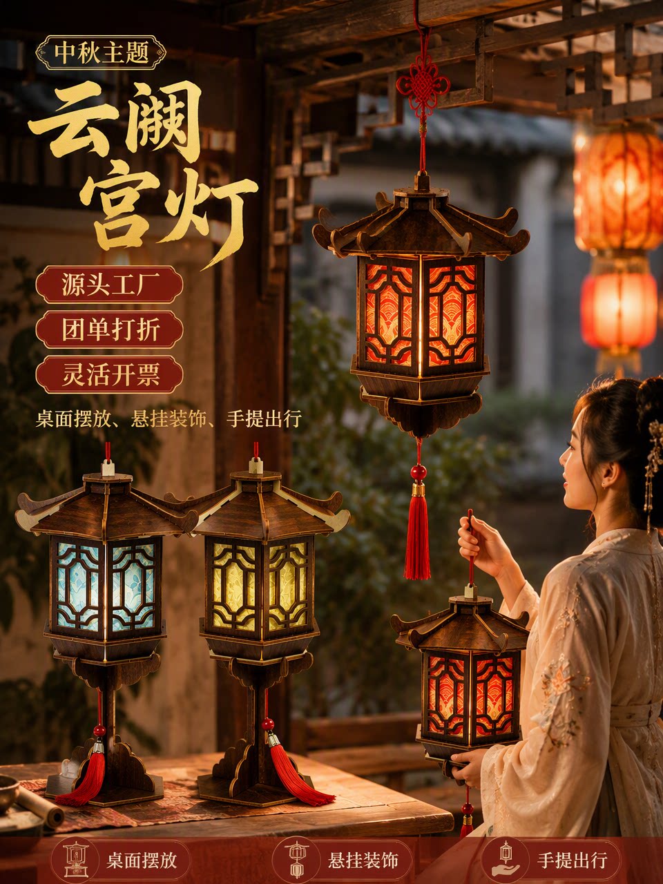 中秋节灯笼手工diy云阁宫灯中式古典木质可提可摆庭院暖光氛围灯