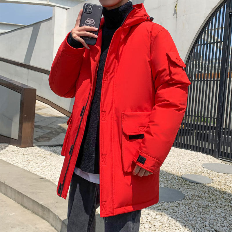 反季清仓2025冬季羽绒服男士中长款加厚韩版工装白鸭绒连帽外套潮