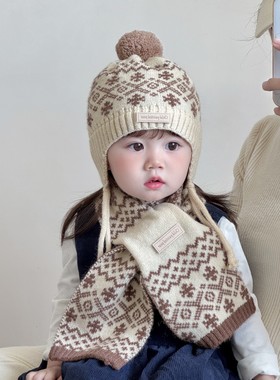 宝宝帽子围巾套装秋冬季雪花毛球儿童保暖毛线帽户外婴儿护耳帽子