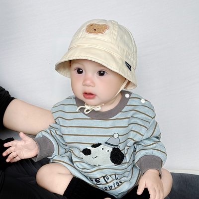 婴儿帽子春秋季纯色小熊男女童遮阳渔夫帽ins小月龄宝宝防风盆帽