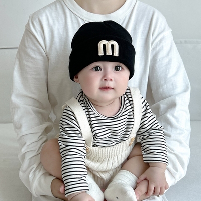 婴儿帽子秋冬季针织毛线字母男女儿童保暖套头帽小宝宝防风护耳帽