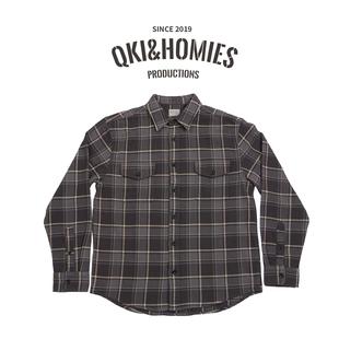 Qki复古灰色格子纯棉衬衫男士百搭衬衣长袖时尚休闲宽松经典翻领