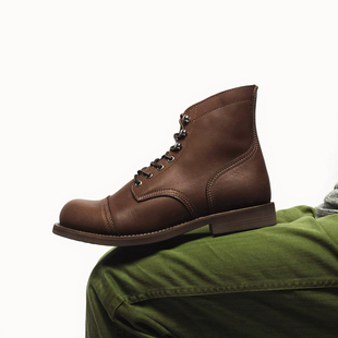 Qki很用心8111圆头工装靴中帮机车鞋真皮复古美式伞兵靴
