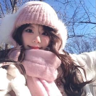 日系可爱新款粉色护耳针织毛线帽子女生冬季厚围巾保暖护耳雷锋帽