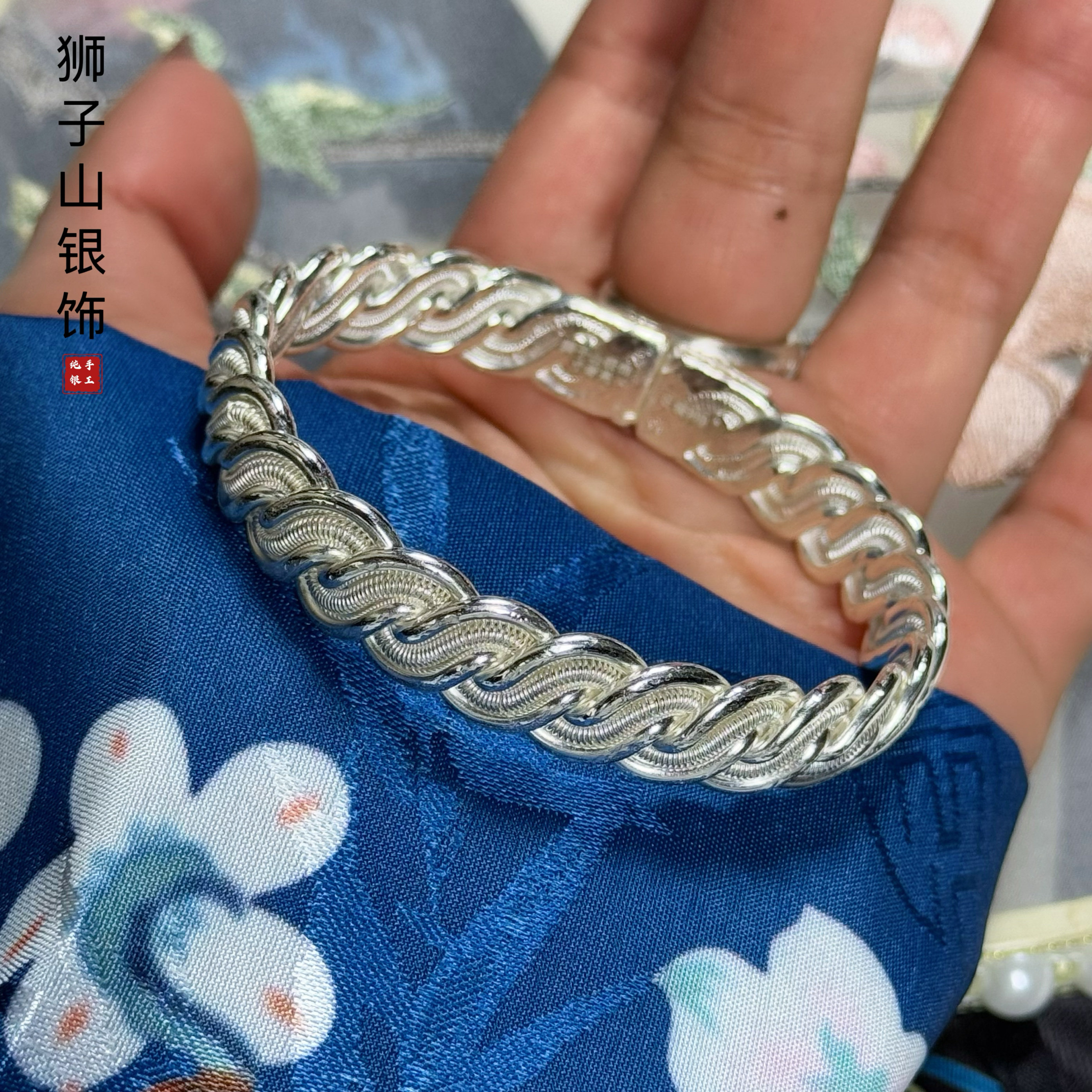 麻花编织古风足银手镯开口