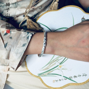 小花何响原创手做足银999实心开口银手镯精致高工錾刻高端礼物