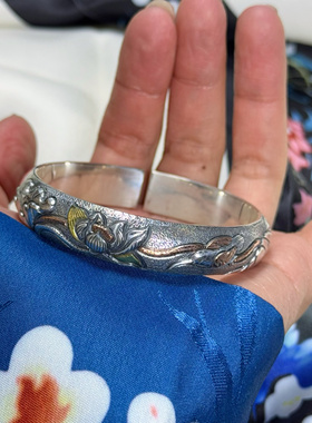 翠鸟与荷古风泥鳅背镶嵌足银手镯