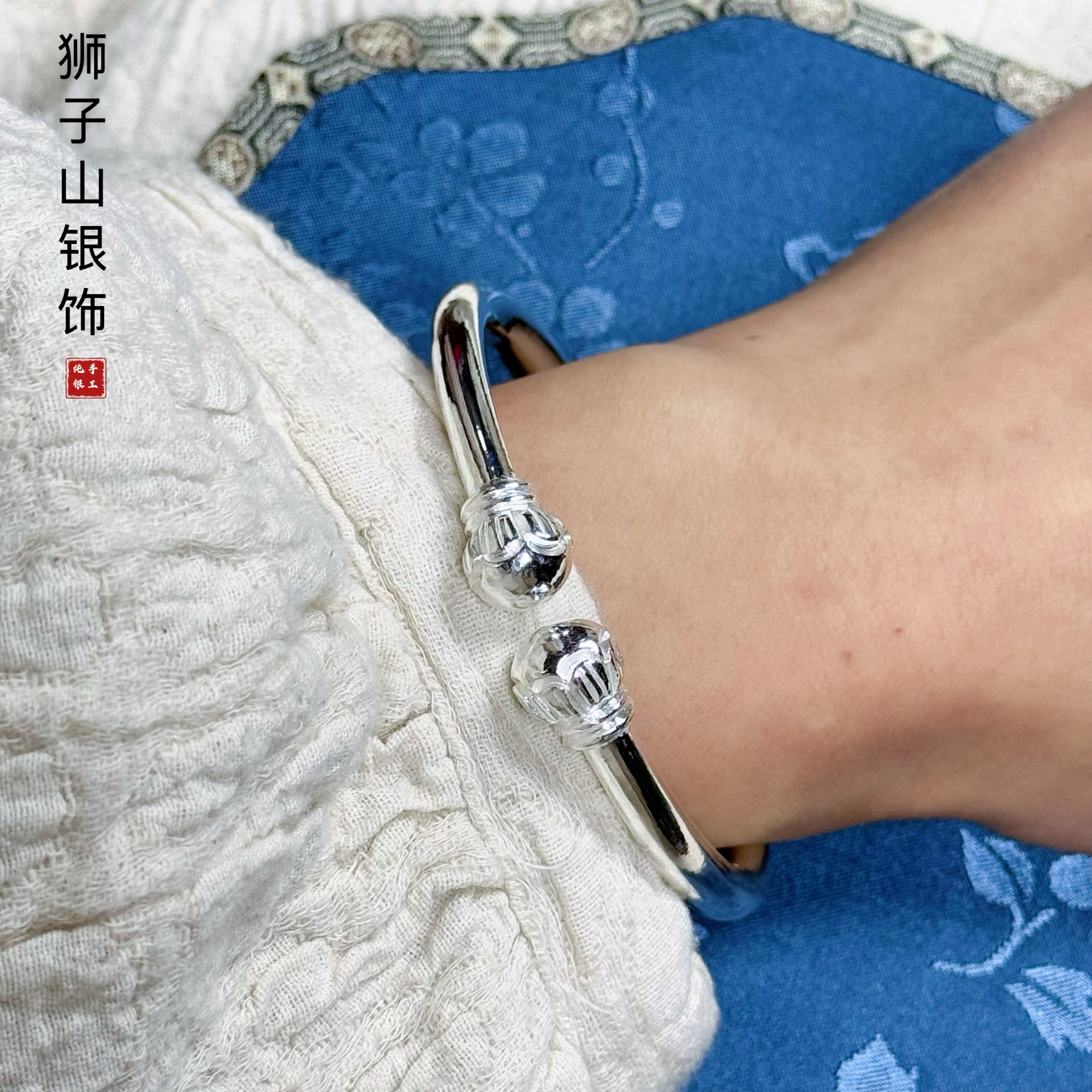 红豆对珠定制开口文艺足银手镯