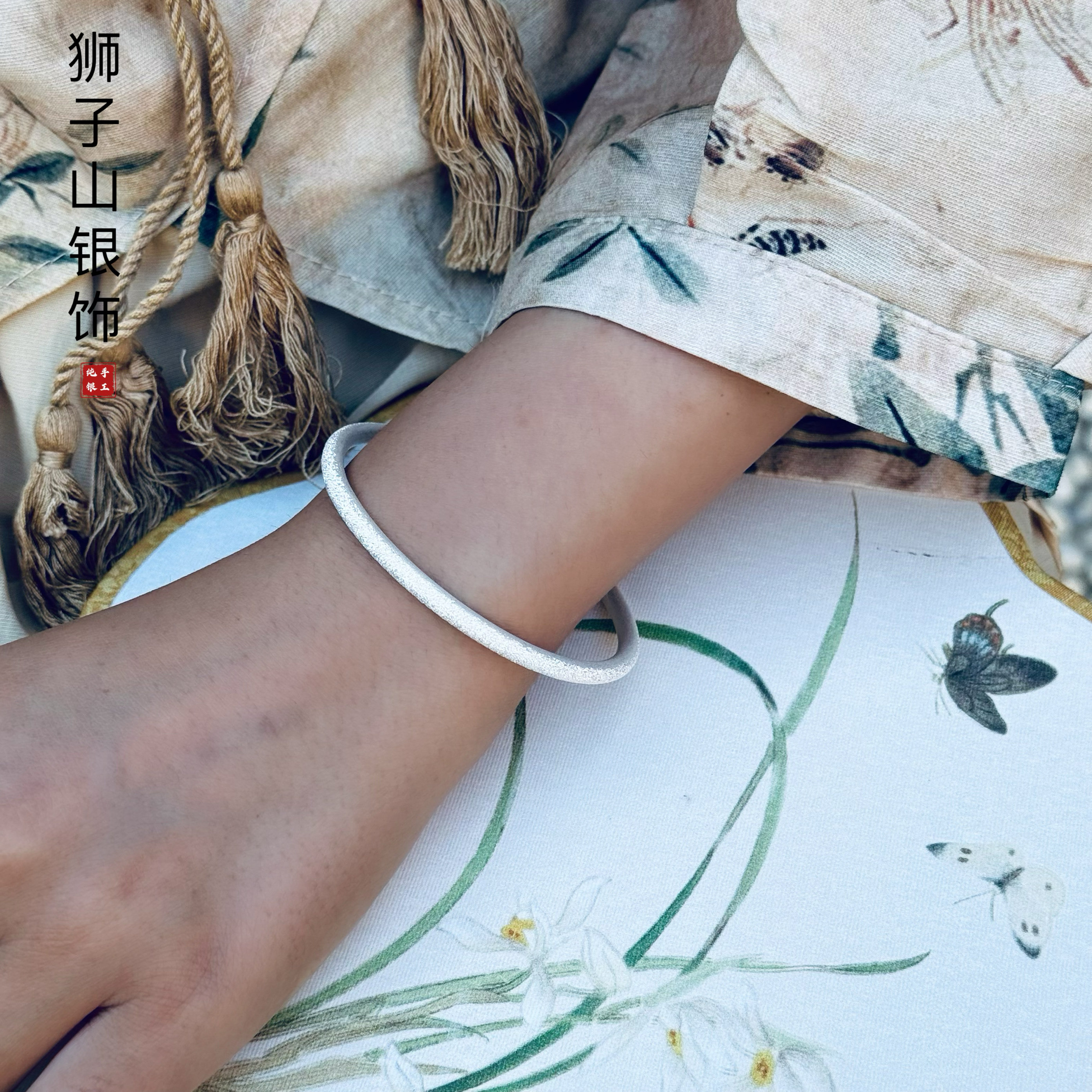 满天星爆闪999足银闭口古法磨砂手镯女手工实心百搭女友闺蜜礼物