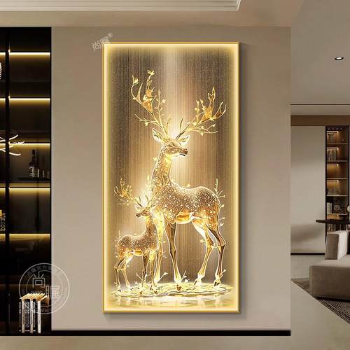 led发光入户玄关装饰画 画现代金鹿灯画 画轻奢福鹿客厅走廊过道