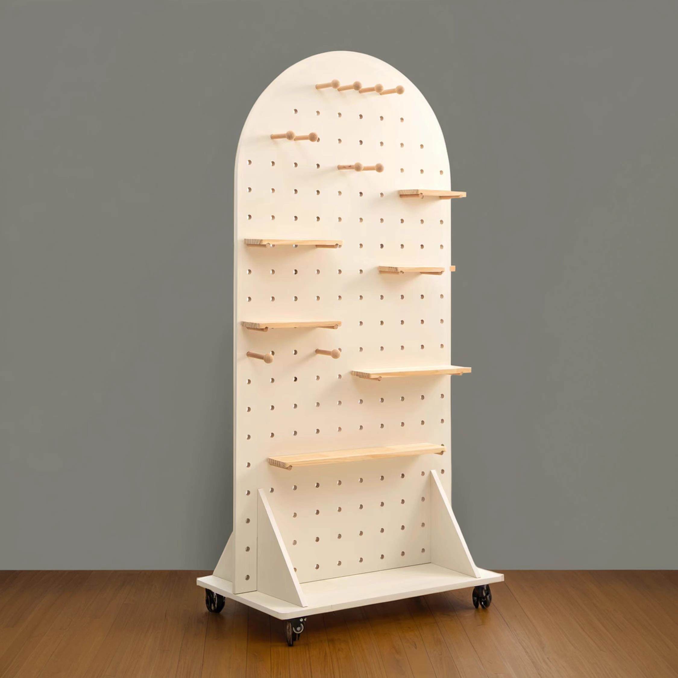 实木洞洞板立式收纳展示架屏风玄关遮挡商用落地移动置物架带滑轮