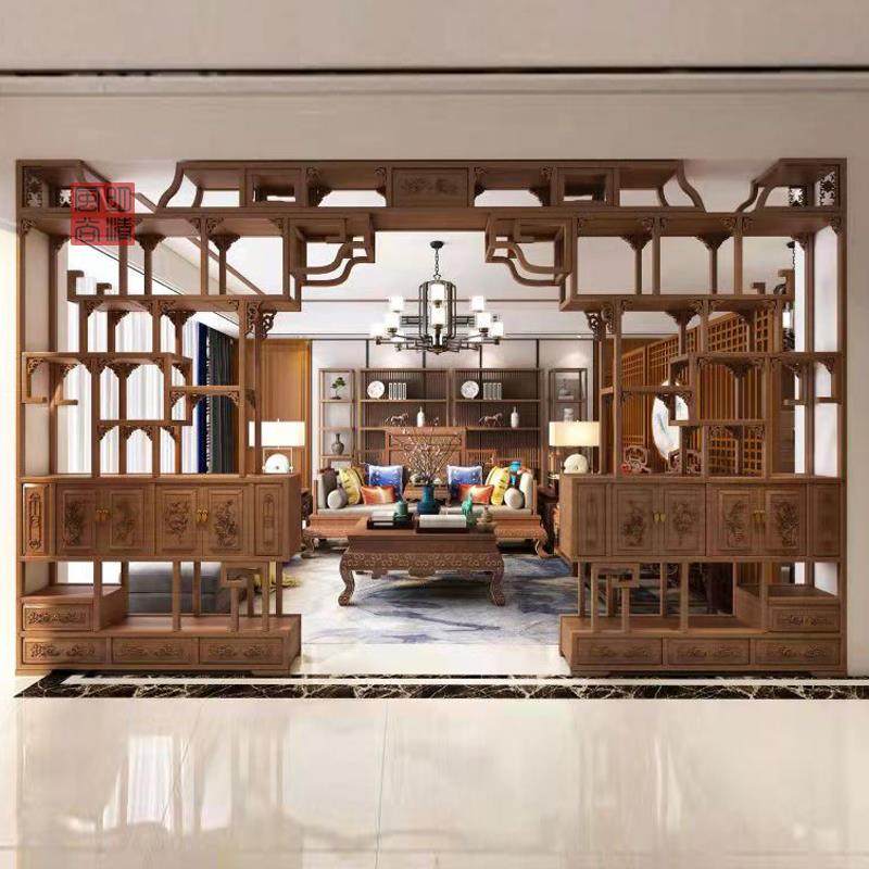 新中式伸缩月洞门实木博古架隔断客厅门多宝阁玄关柜月亮拱门定制