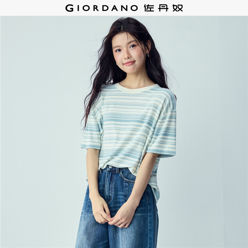 佐丹奴针织衫女装纯棉条纹圆领中袖毛织套头针织衫 13356242