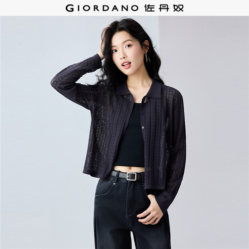 Giordano单排扣翻领镂空针织衫