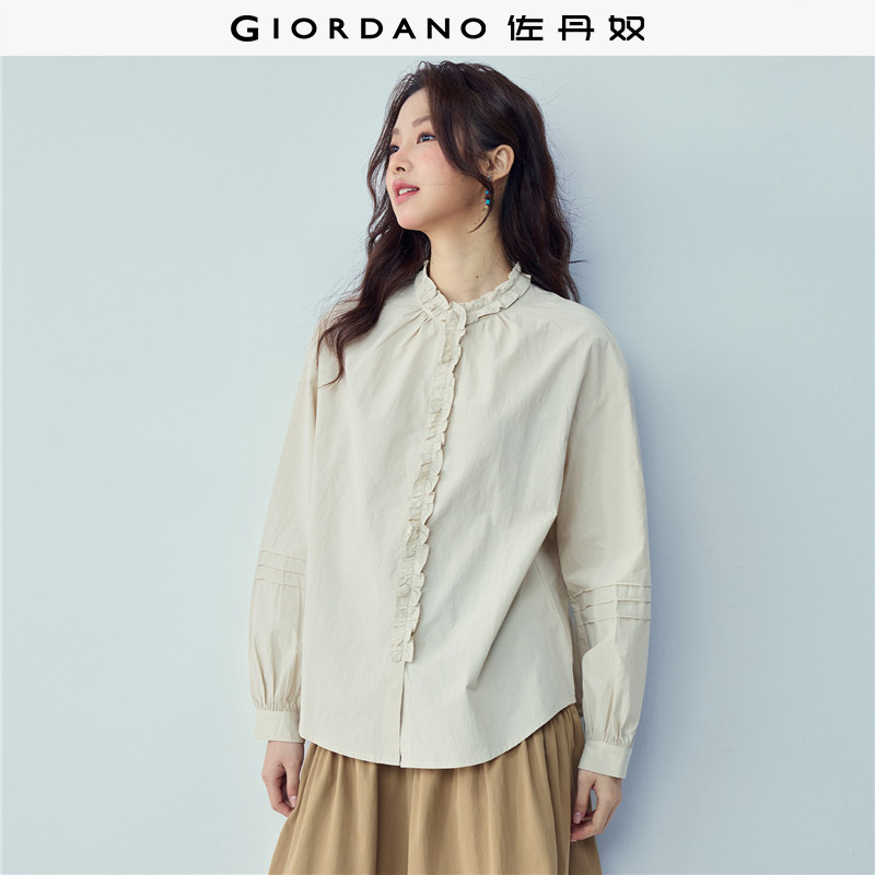 佐丹奴衬衫女装纯棉花边小立领梭织长袖衬衫 18345915