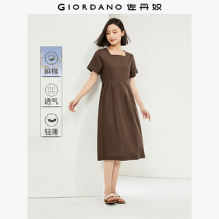 佐丹奴裙子女裝 05464322 連衣裙 天然麻棉梭織方領(lǐng)壓褶短袖
