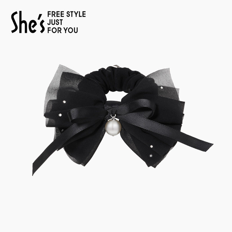 shes茜子奥莱发饰品轻简循迹法式褶皱蝴蝶结飘带发圈黑色马尾皮筋,饰品/流行首饰/时尚饰品新,发饰,淘宝优惠券,粉丝福利购,淘宝优惠卷