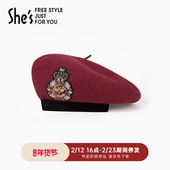 shes奥莱秋冬趣味刺绣勋章绵羊毛贝雷帽百搭韩版 甜美小礼帽女